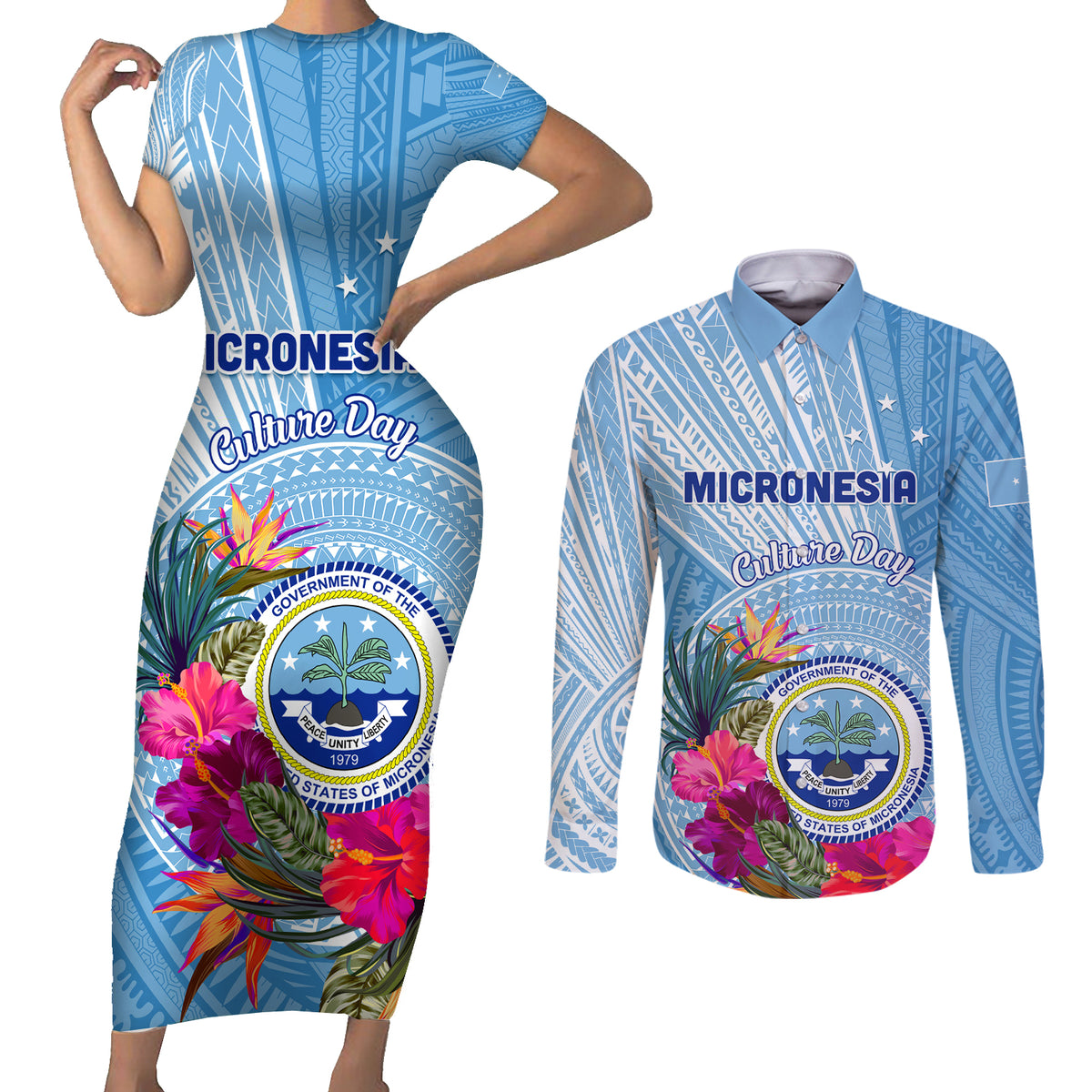 Micronesia Culture Day Couples Matching Short Sleeve Bodycon Dress and Long Sleeve Button Shirt Tribal Pattern Tropical Style LT01 Blue - Polynesian Pride