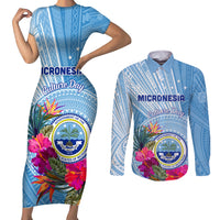 Micronesia Culture Day Couples Matching Short Sleeve Bodycon Dress and Long Sleeve Button Shirt Tribal Pattern Tropical Style LT01 Blue - Polynesian Pride