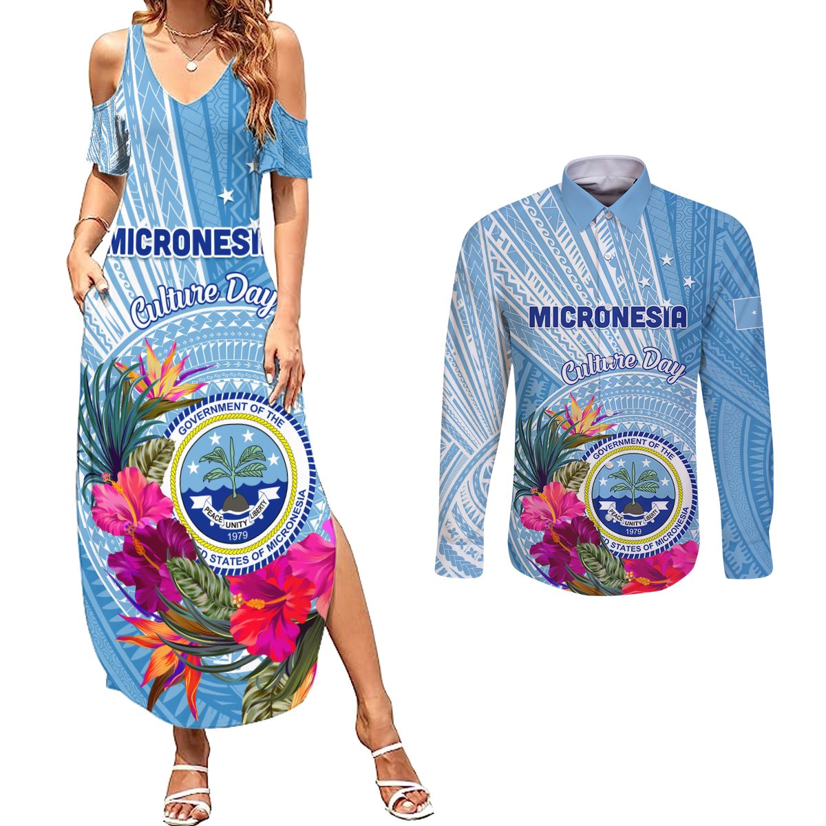 Micronesia Culture Day Couples Matching Summer Maxi Dress and Long Sleeve Button Shirt Tribal Pattern Tropical Style LT01 Blue - Polynesian Pride