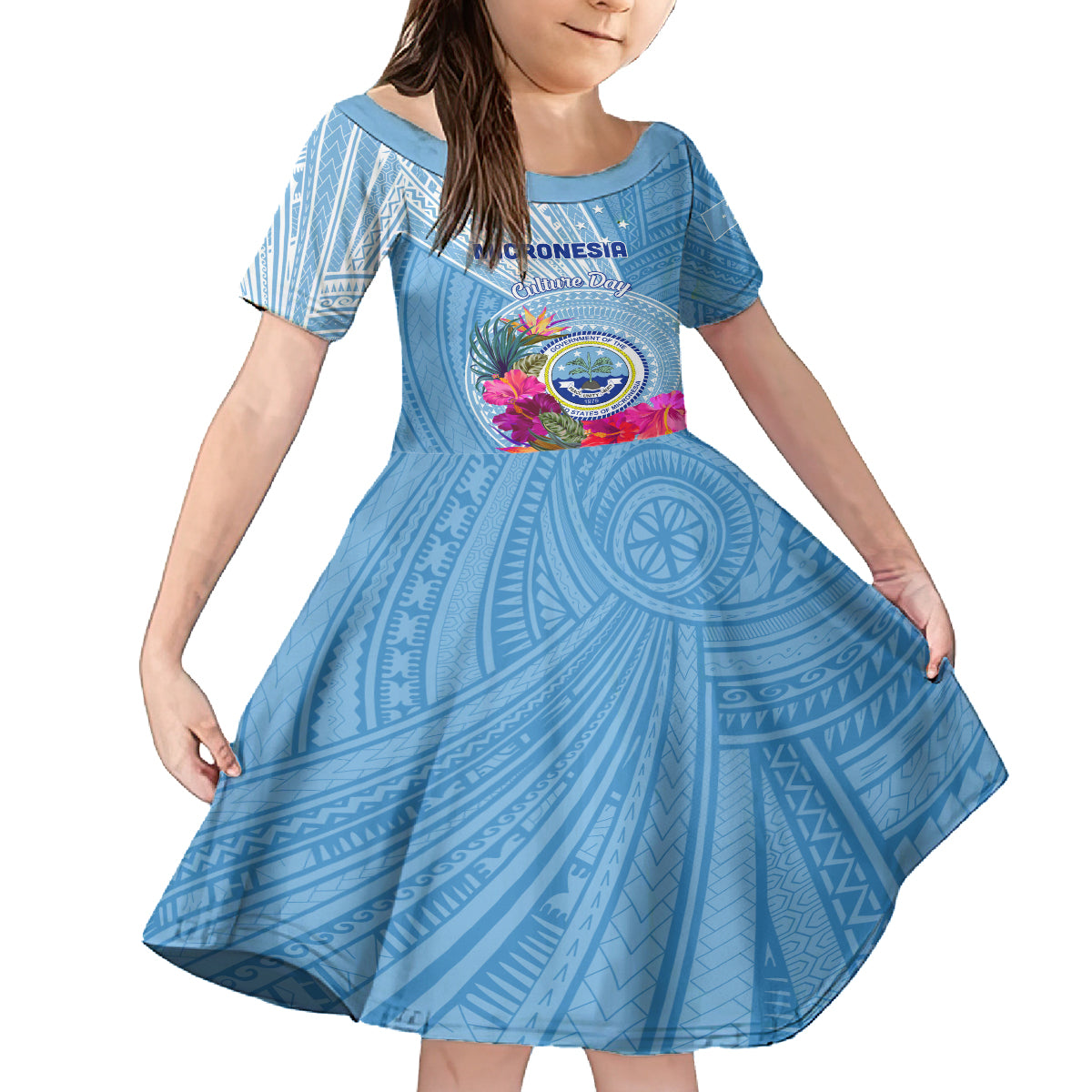 Micronesia Culture Day Family Matching Off Shoulder Maxi Dress and Hawaiian Shirt Tribal Pattern Tropical Style LT01 Daughter's Dress Blue - Polynesian Pride