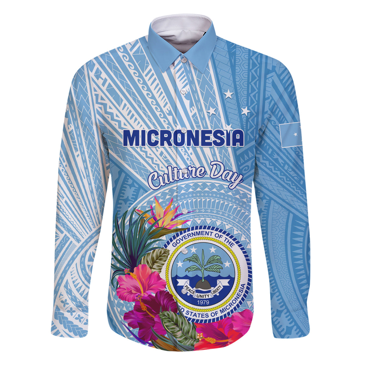 Micronesia Culture Day Family Matching Off Shoulder Short Dress and Hawaiian Shirt Tribal Pattern Tropical Style LT01 Dad's Shirt - Long Sleeve Blue - Polynesian Pride