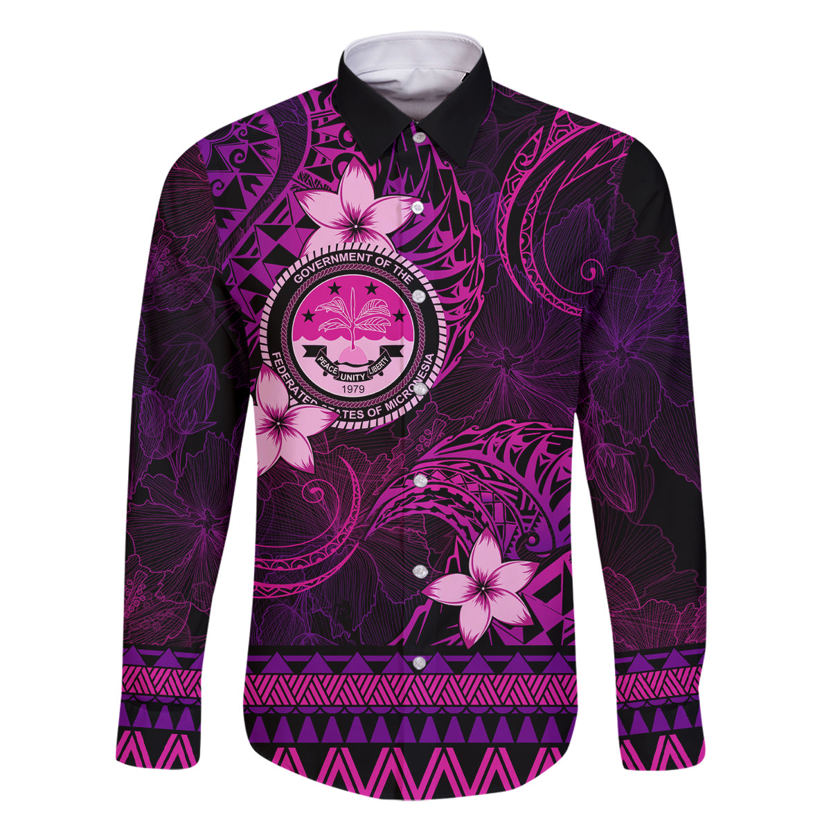 FSM Culture Day Family Matching Tank Maxi Dress and Hawaiian Shirt Tribal Pattern Pink Version LT01 Dad's Shirt - Long Sleeve Pink - Polynesian Pride