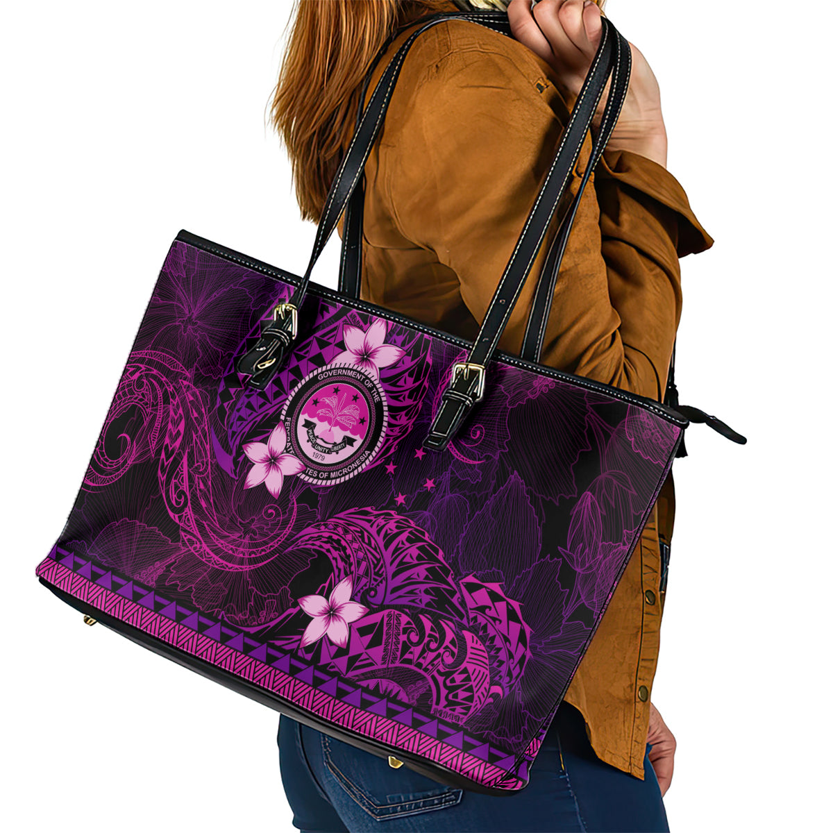 FSM Culture Day Leather Tote Bag Tribal Pattern Pink Version LT01 - Polynesian Pride