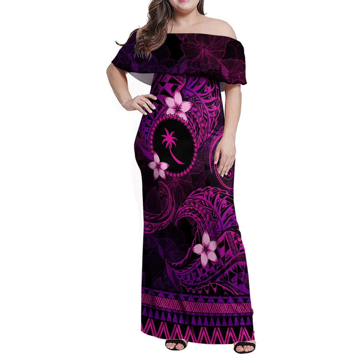 FSM Chuuk State Family Matching Off Shoulder Maxi Dress and Hawaiian Shirt Tribal Pattern Pink Version LT01 Mom's Dress Pink - Polynesian Pride