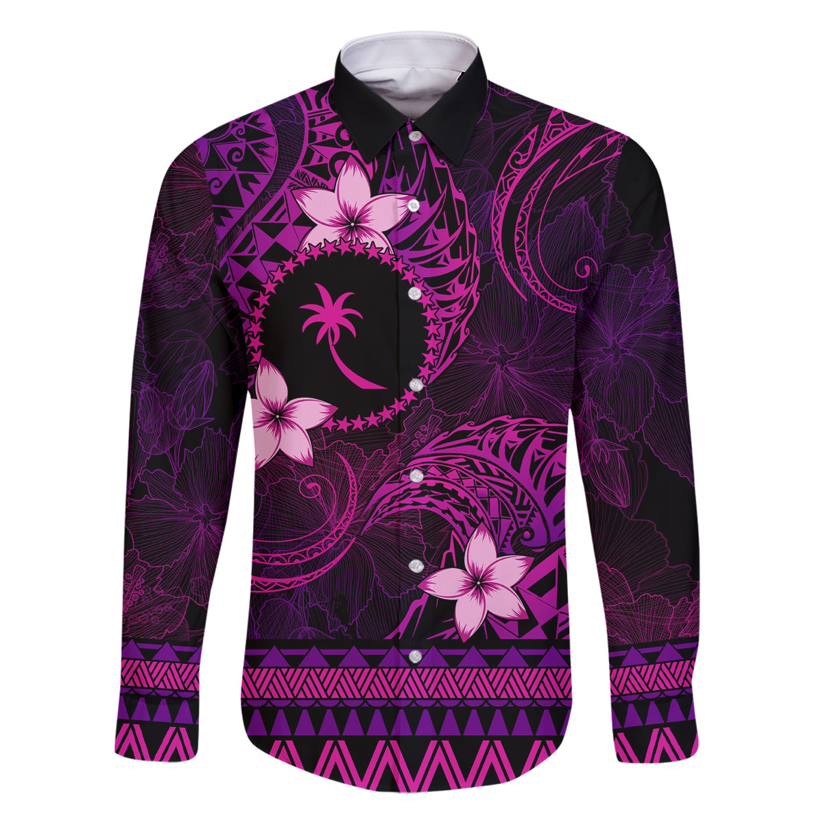 FSM Chuuk State Family Matching Off Shoulder Short Dress and Hawaiian Shirt Tribal Pattern Pink Version LT01 Dad's Shirt - Long Sleeve Pink - Polynesian Pride