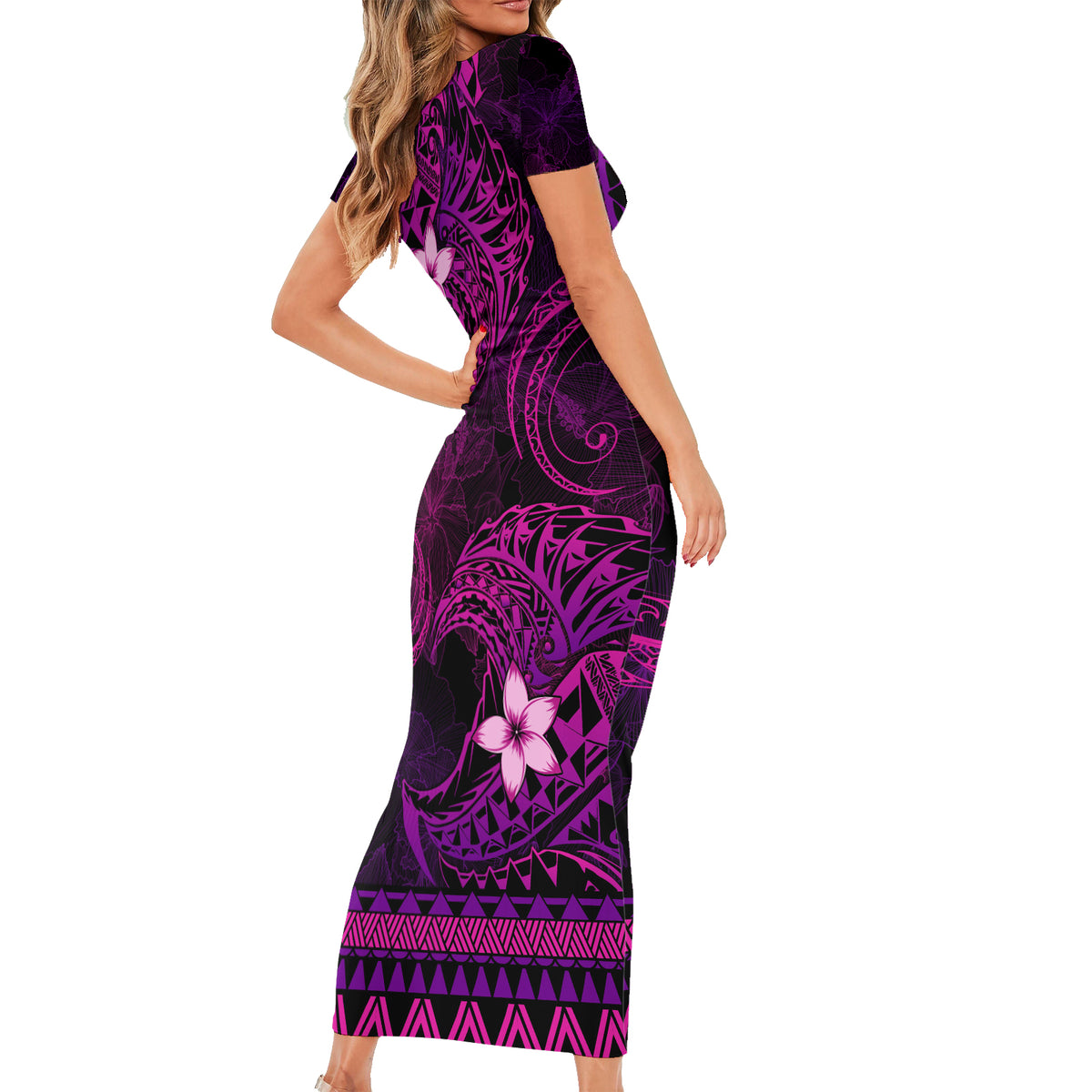 FSM Chuuk State Short Sleeve Bodycon Dress Tribal Pattern Pink Version LT01 - Polynesian Pride