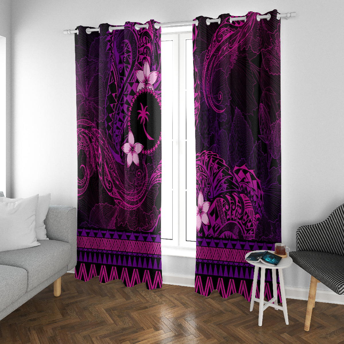 FSM Chuuk State Window Curtain Tribal Pattern Pink Version LT01 With Grommets Pink - Polynesian Pride