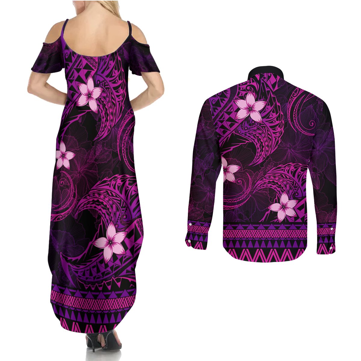 FSM Kosrae State Couples Matching Summer Maxi Dress and Long Sleeve Button Shirt Tribal Pattern Pink Version LT01 - Polynesian Pride