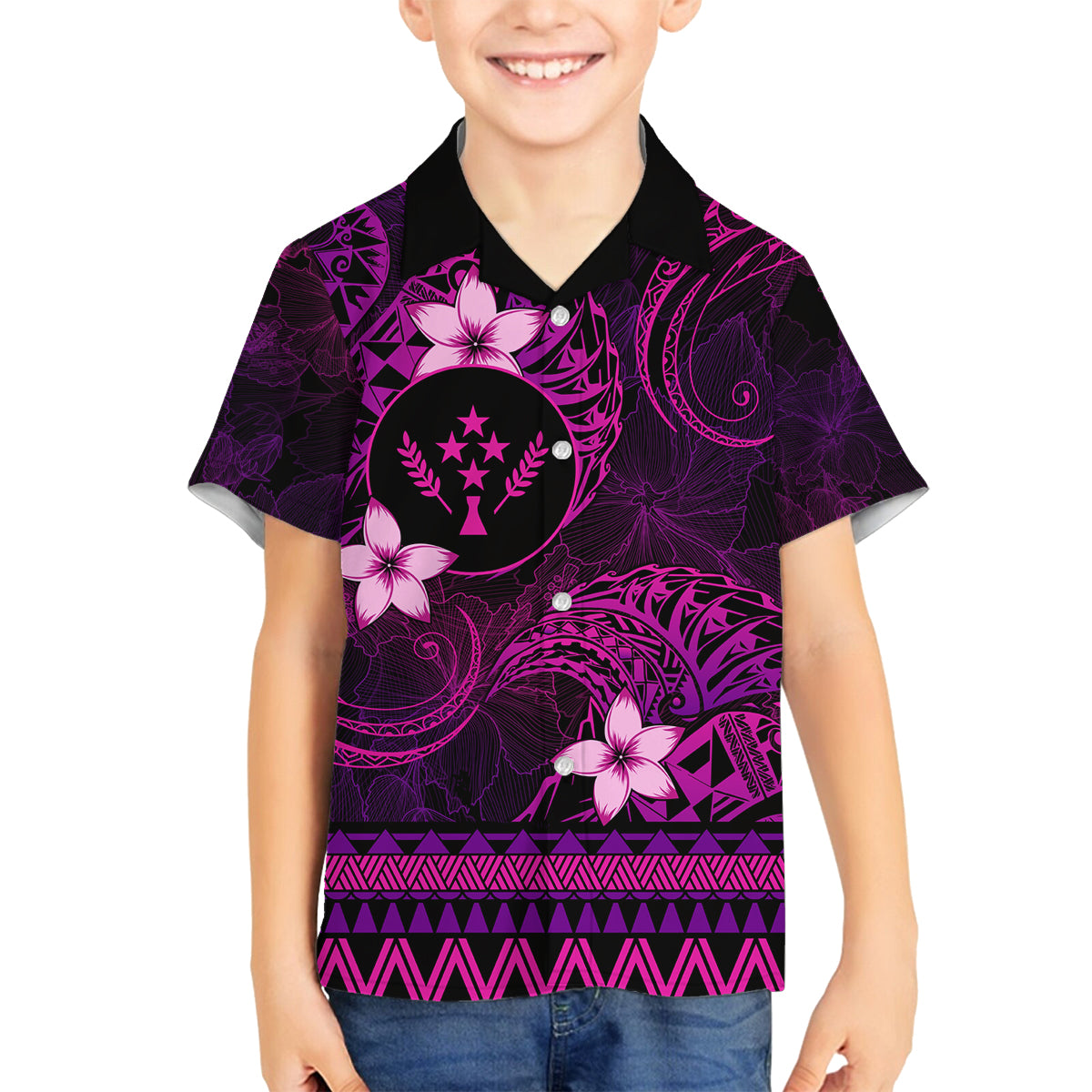 FSM Kosrae State Family Matching Off Shoulder Long Sleeve Dress and Hawaiian Shirt Tribal Pattern Pink Version LT01 Son's Shirt Pink - Polynesian Pride