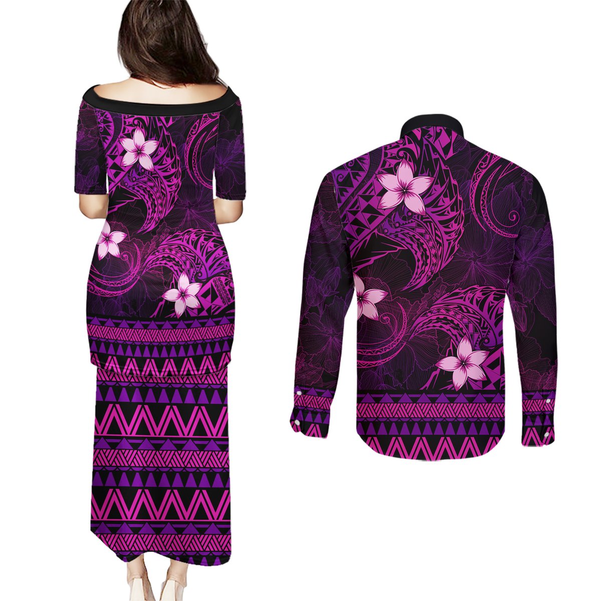 FSM Pohnpei State Couples Matching Puletasi and Long Sleeve Button Shirt Tribal Pattern Pink Version LT01 - Polynesian Pride