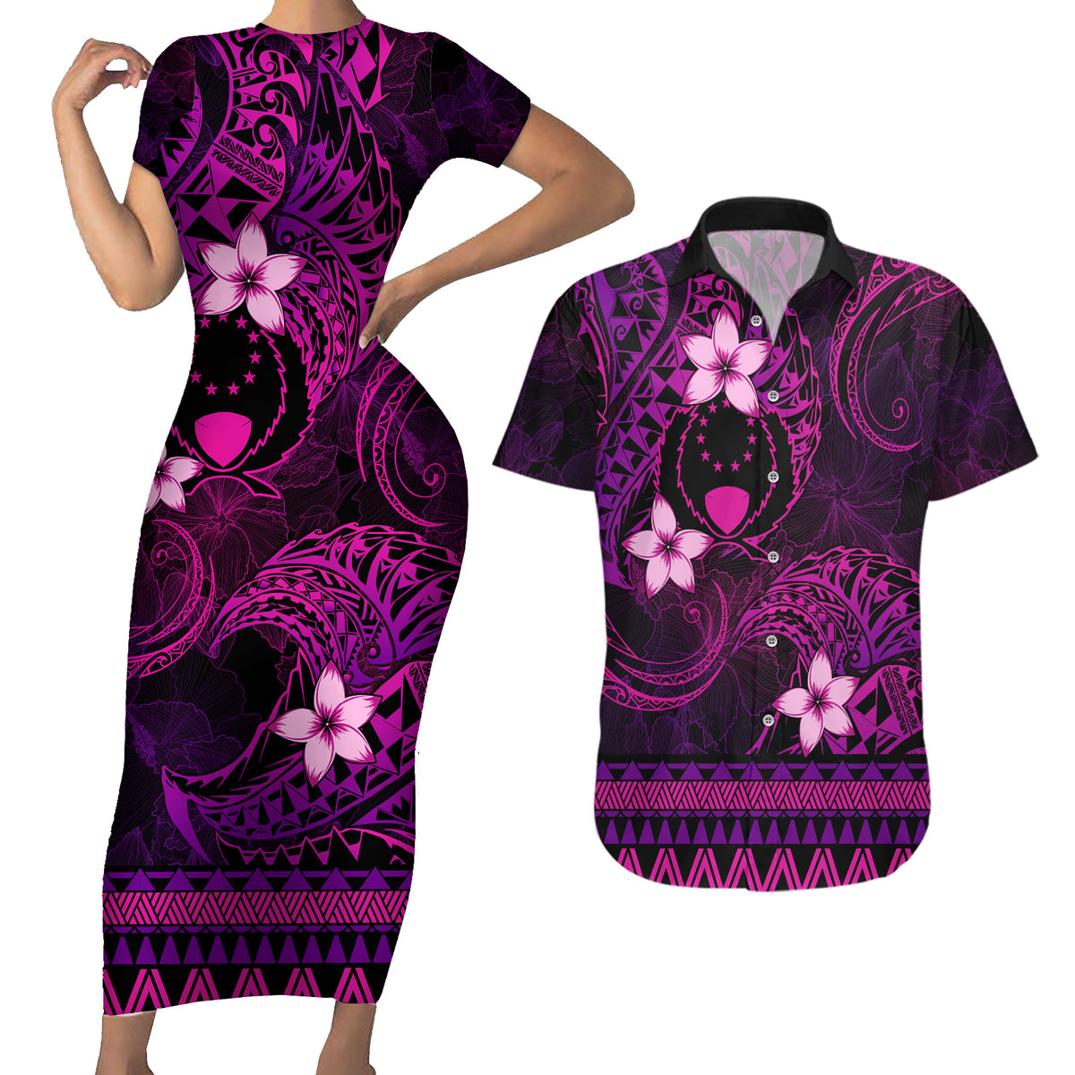 FSM Pohnpei State Couples Matching Short Sleeve Bodycon Dress and Hawaiian Shirt Tribal Pattern Pink Version LT01 Pink - Polynesian Pride