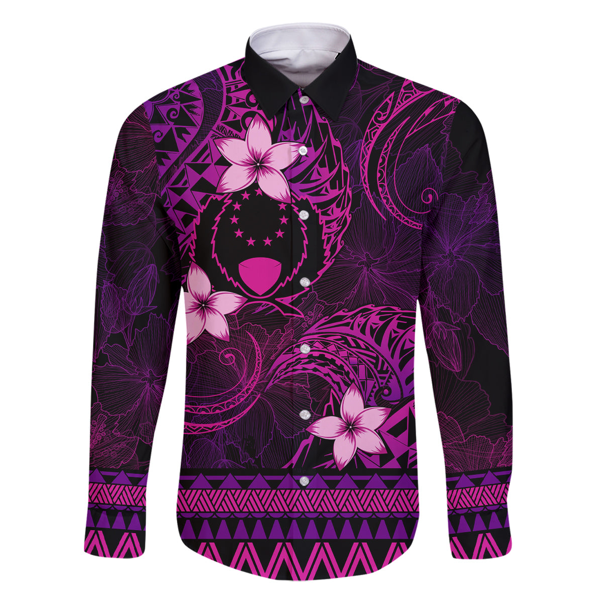 FSM Pohnpei State Family Matching Off Shoulder Long Sleeve Dress and Hawaiian Shirt Tribal Pattern Pink Version LT01 Dad's Shirt - Long Sleeve Pink - Polynesian Pride