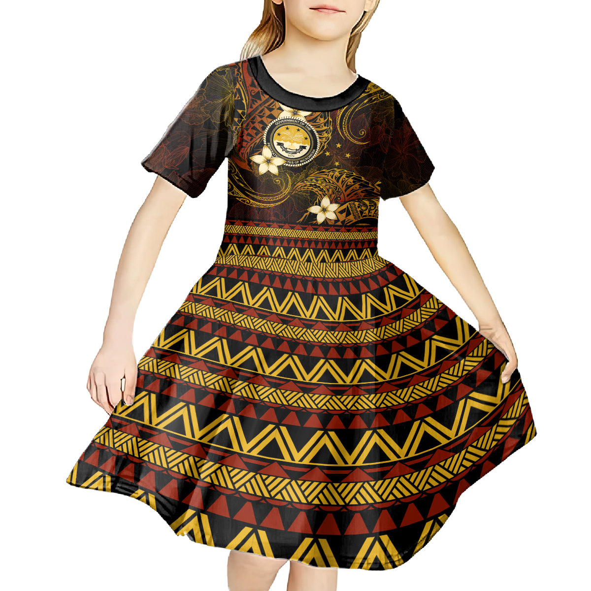 FSM Culture Day Kid Short Sleeve Dress Tribal Pattern Gold Version LT01 - Polynesian Pride