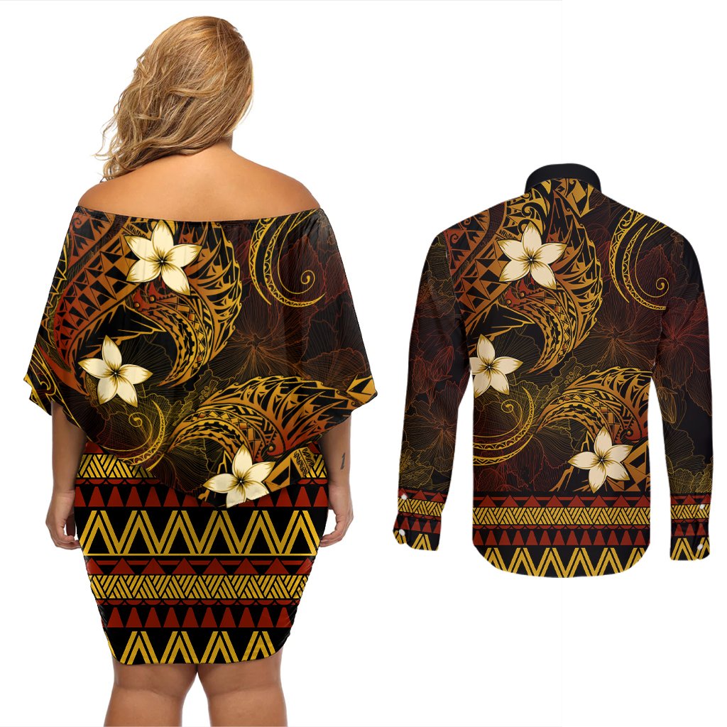 FSM Chuuk State Couples Matching Off Shoulder Short Dress and Long Sleeve Button Shirt Tribal Pattern Gold Version LT01 - Polynesian Pride