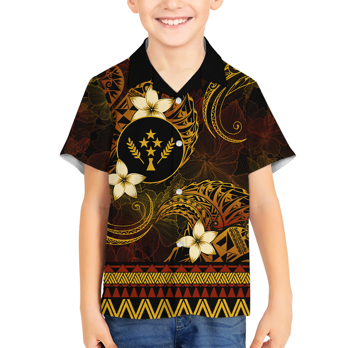 FSM Kosrae State Family Matching Off Shoulder Long Sleeve Dress and Hawaiian Shirt Tribal Pattern Gold Version LT01 Son's Shirt Gold - Polynesian Pride