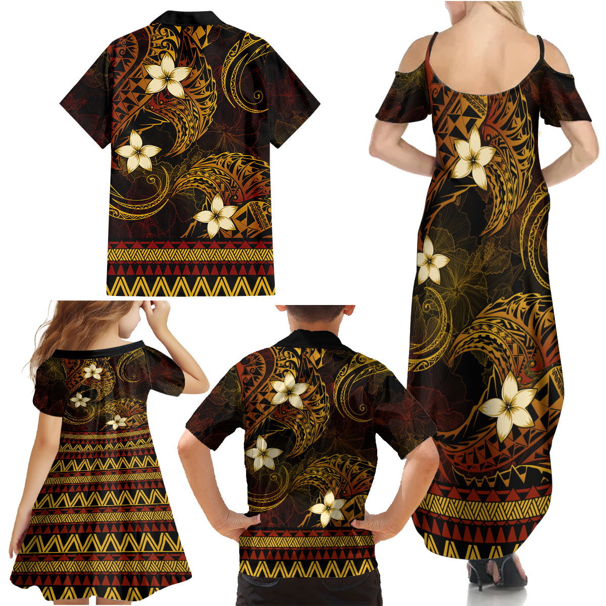 FSM Kosrae State Family Matching Summer Maxi Dress and Hawaiian Shirt Tribal Pattern Gold Version LT01 - Polynesian Pride