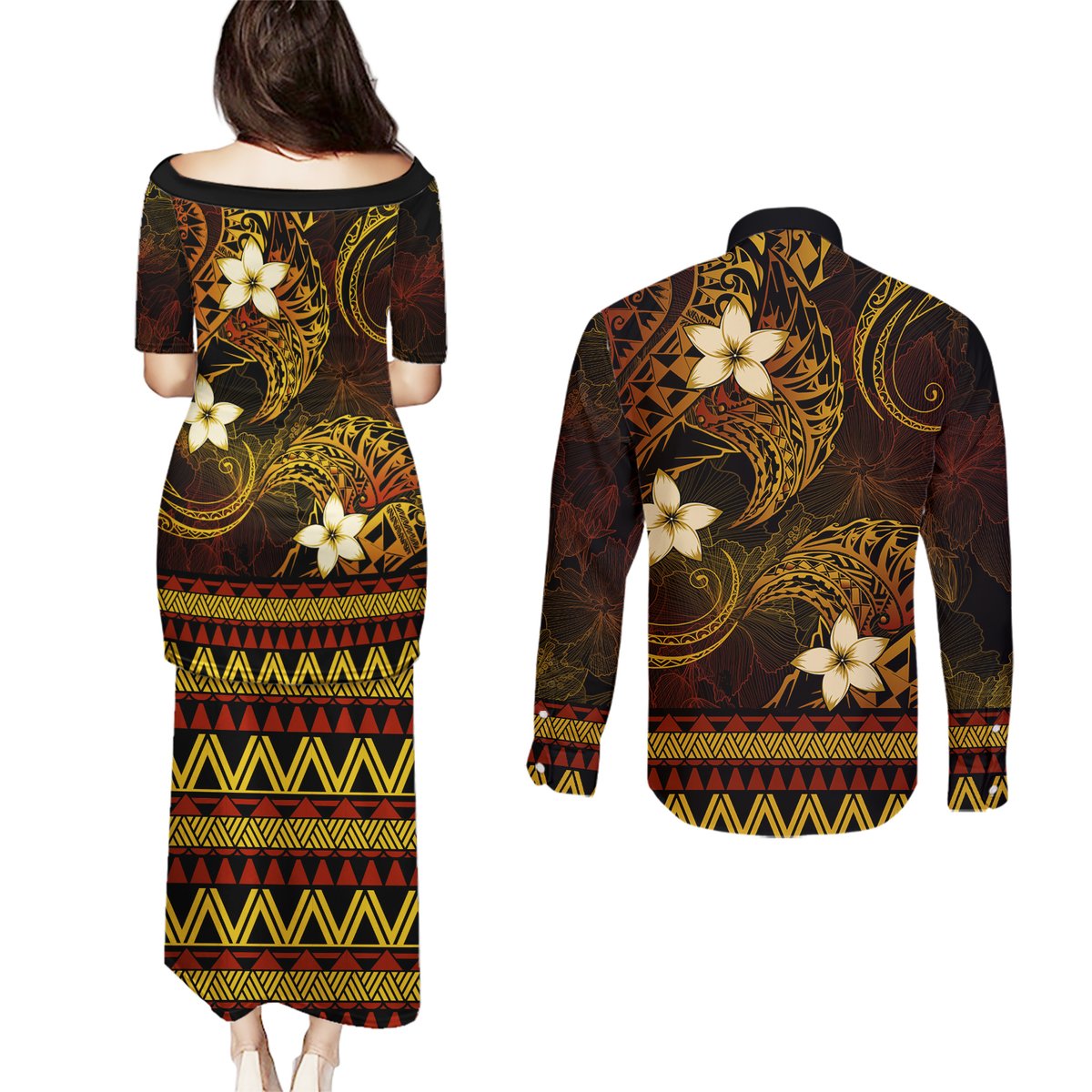 FSM Pohnpei State Couples Matching Puletasi and Long Sleeve Button Shirt Tribal Pattern Gold Version LT01 - Polynesian Pride