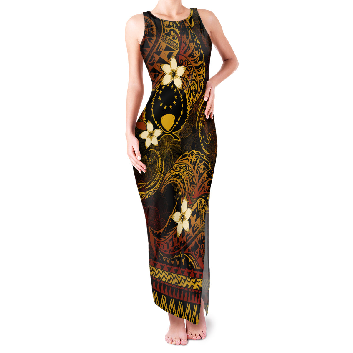 FSM Pohnpei State Family Matching Tank Maxi Dress and Hawaiian Shirt Tribal Pattern Gold Version LT01 Mom's Dress Gold - Polynesian Pride