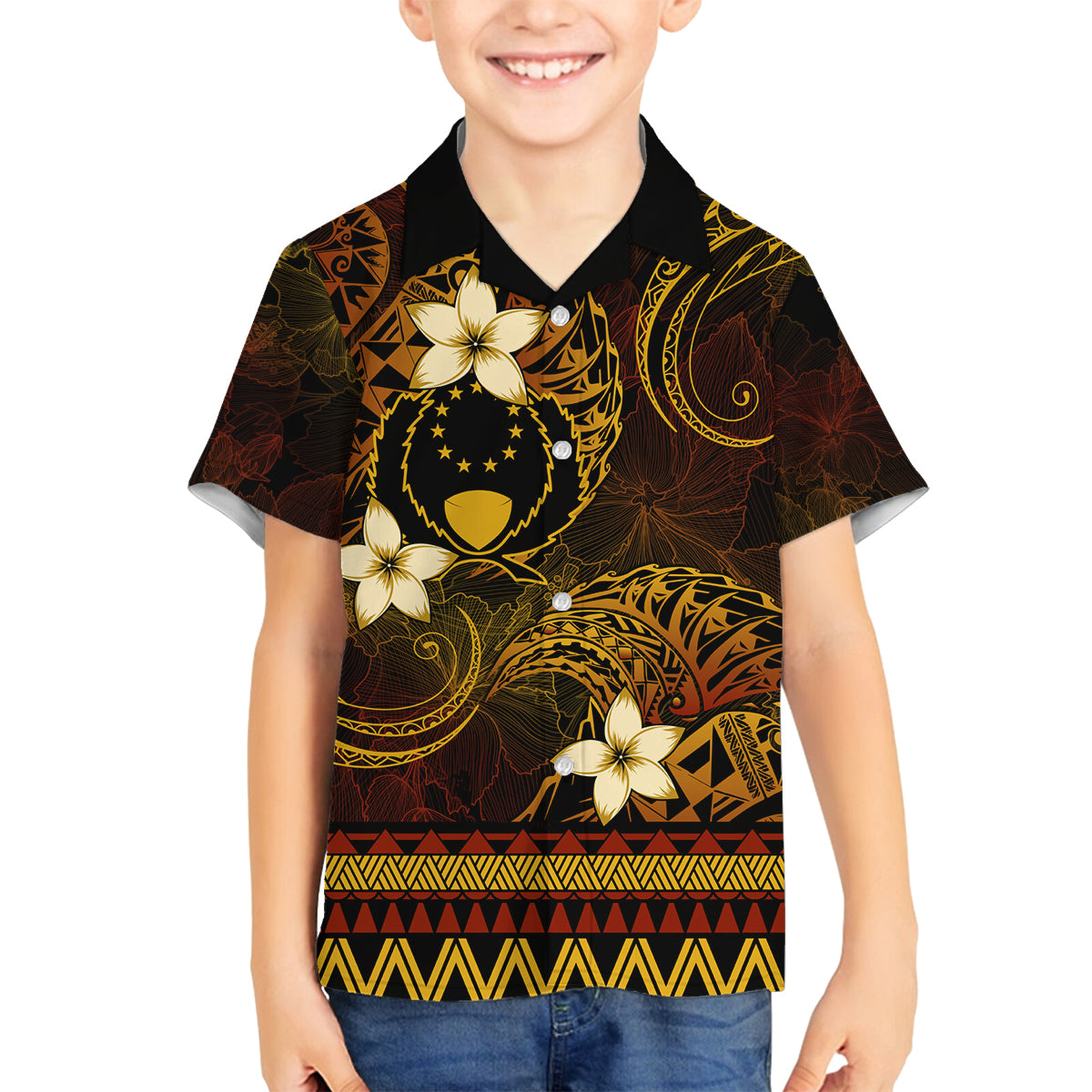 FSM Pohnpei State Family Matching Tank Maxi Dress and Hawaiian Shirt Tribal Pattern Gold Version LT01 Son's Shirt Gold - Polynesian Pride