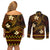 FSM Yap State Couples Matching Off Shoulder Short Dress and Long Sleeve Button Shirt Tribal Pattern Gold Version LT01 - Polynesian Pride