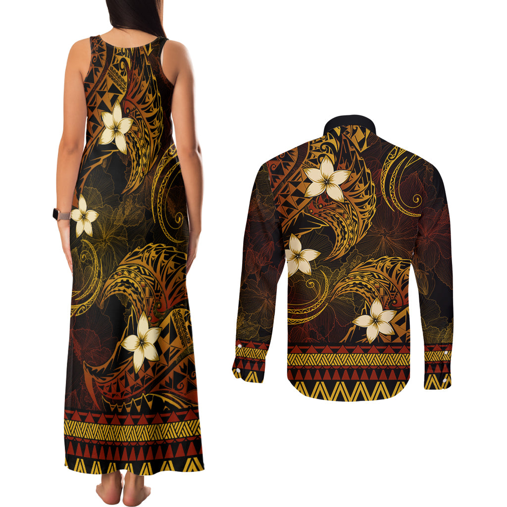 FSM Yap State Couples Matching Tank Maxi Dress and Long Sleeve Button Shirt Tribal Pattern Gold Version LT01 - Polynesian Pride