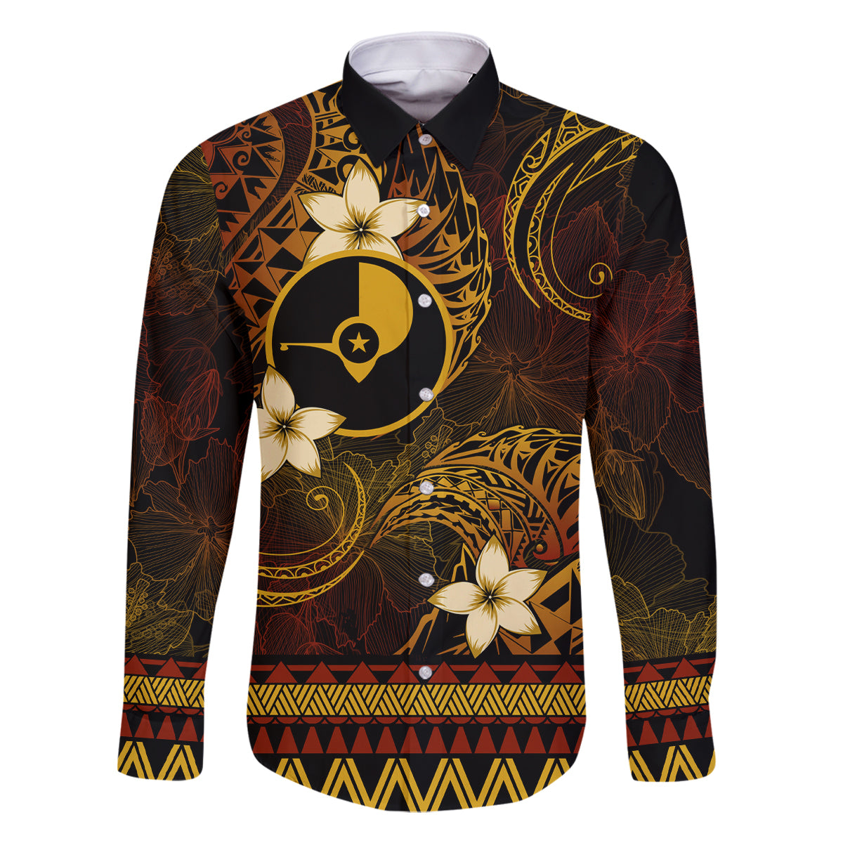 FSM Yap State Family Matching Off Shoulder Short Dress and Hawaiian Shirt Tribal Pattern Gold Version LT01 Dad's Shirt - Long Sleeve Gold - Polynesian Pride