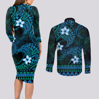 FSM Culture Day Couples Matching Long Sleeve Bodycon Dress and Long Sleeve Button Shirt Tribal Pattern Ocean Version LT01 - Polynesian Pride