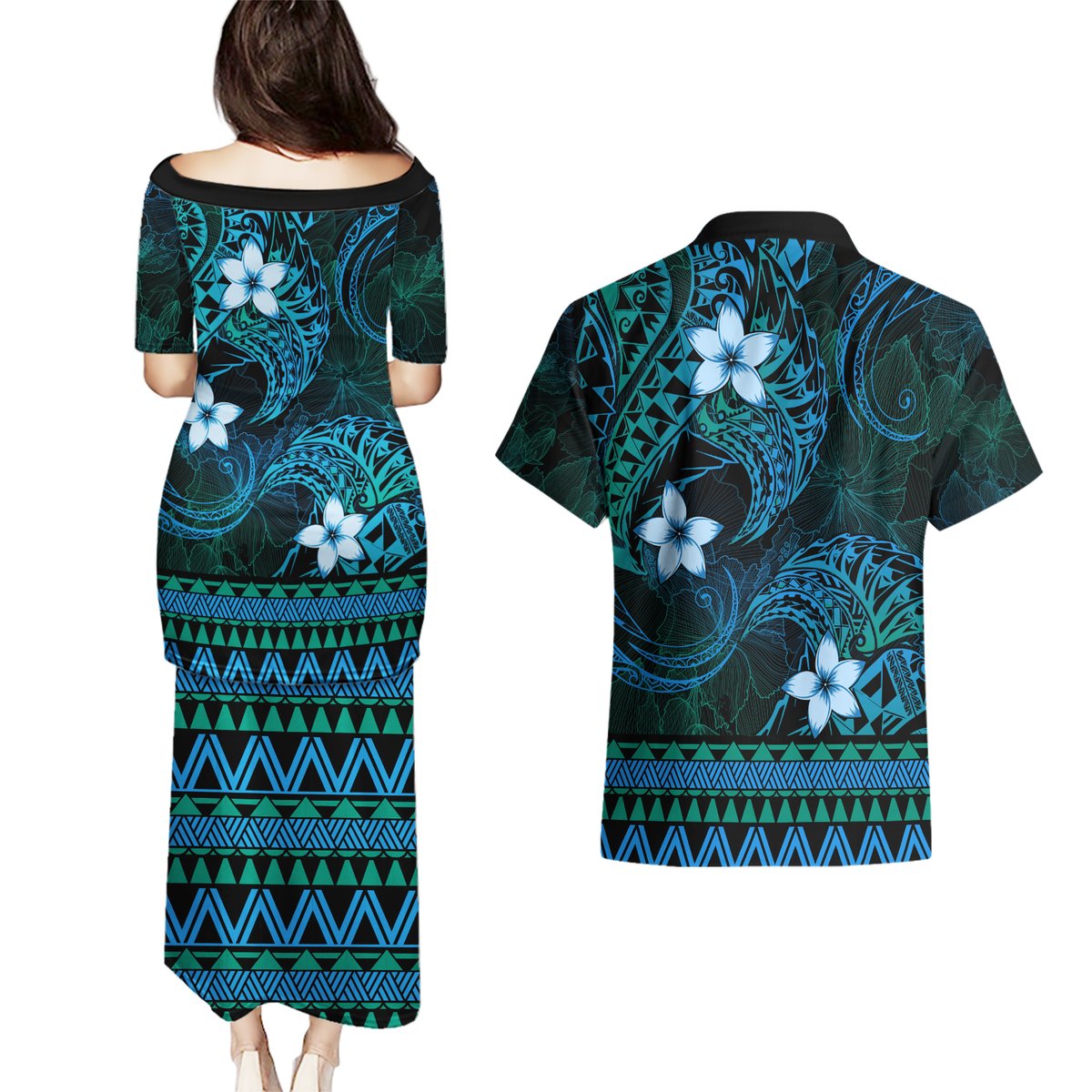FSM Culture Day Couples Matching Puletasi and Hawaiian Shirt Tribal Pattern Ocean Version LT01 - Polynesian Pride