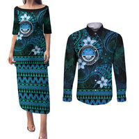FSM Culture Day Couples Matching Puletasi and Long Sleeve Button Shirt Tribal Pattern Ocean Version LT01 Blue - Polynesian Pride
