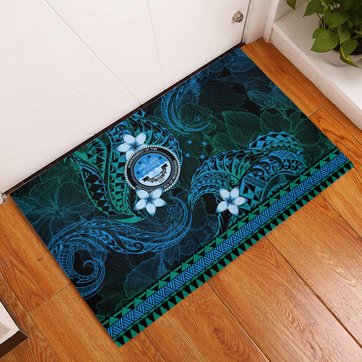 FSM Culture Day Rubber Doormat Tribal Pattern Ocean Version LT01 Blue - Polynesian Pride