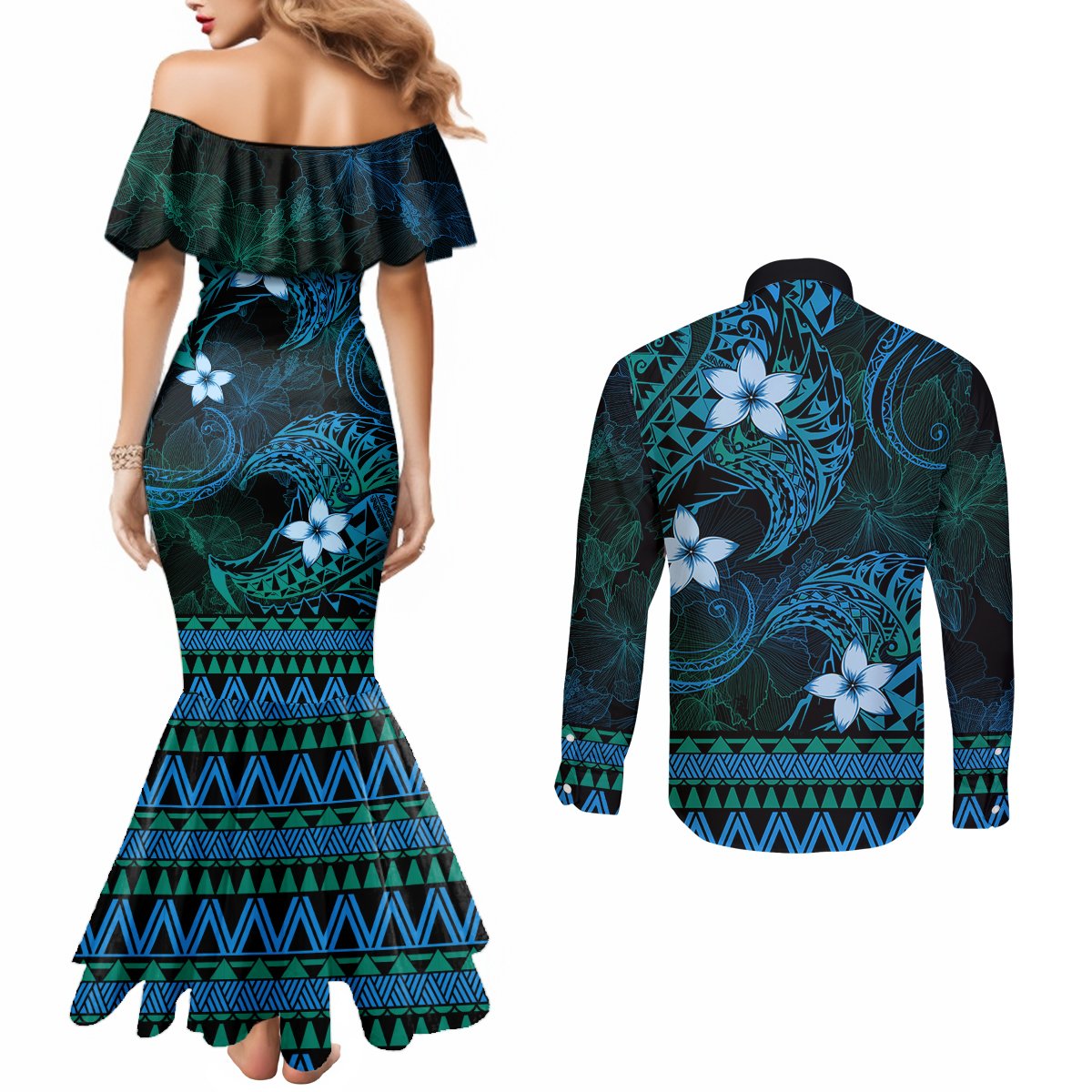 FSM Chuuk State Couples Matching Mermaid Dress and Long Sleeve Button Shirt Tribal Pattern Ocean Version LT01 - Polynesian Pride