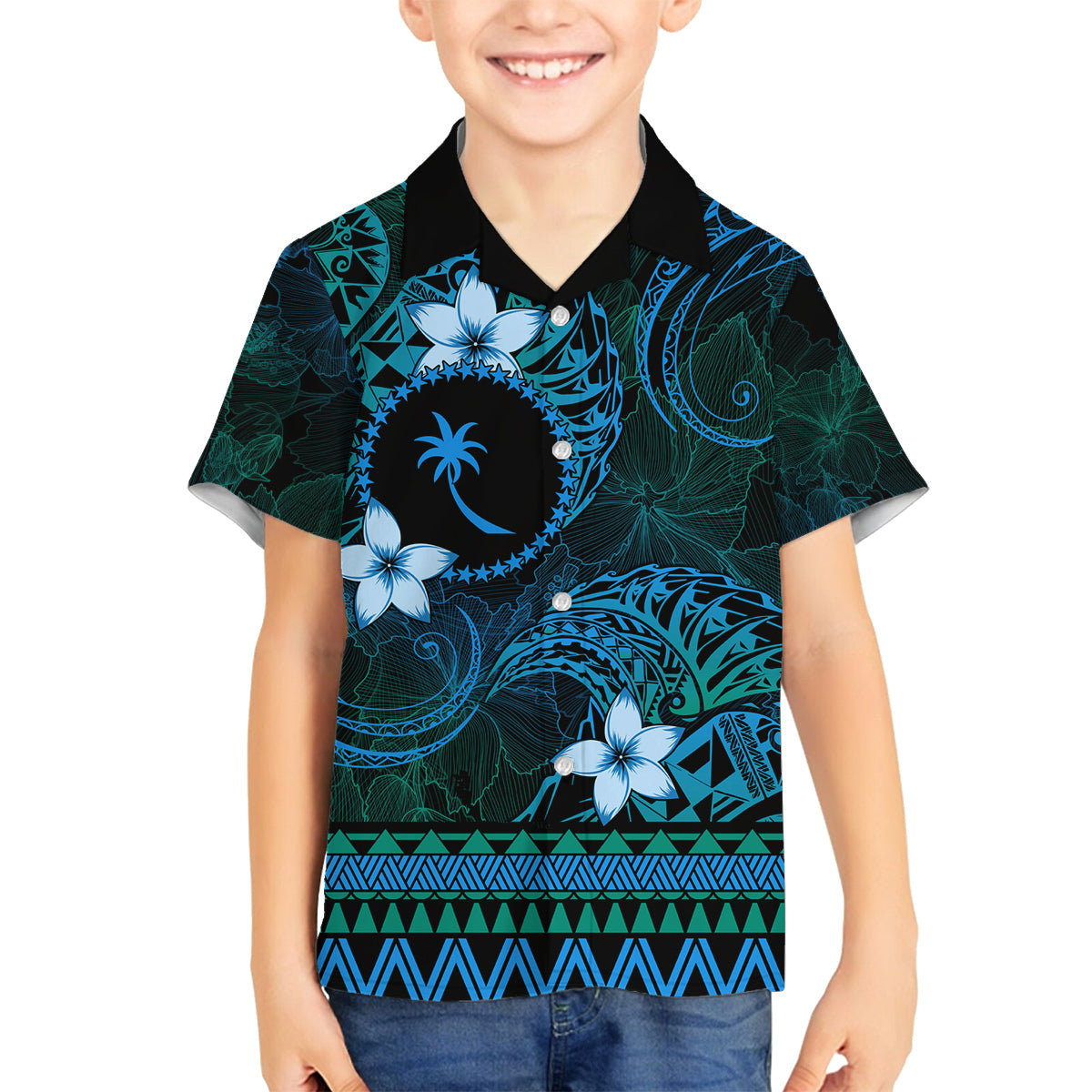 FSM Chuuk State Family Matching Puletasi and Hawaiian Shirt Tribal Pattern Ocean Version LT01 Son's Shirt Blue - Polynesian Pride