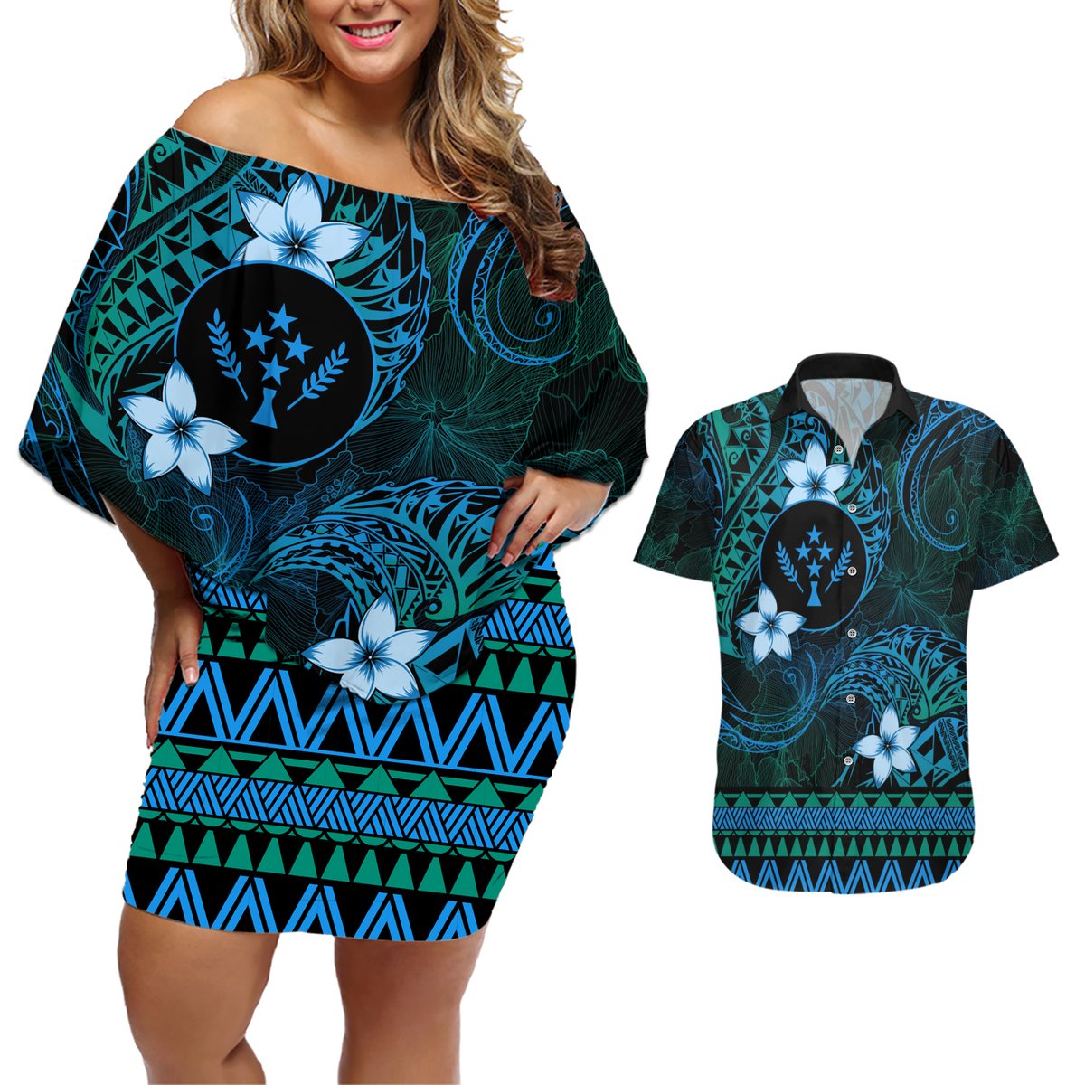 FSM Kosrae State Couples Matching Off Shoulder Short Dress and Hawaiian Shirt Tribal Pattern Ocean Version LT01 Blue - Polynesian Pride