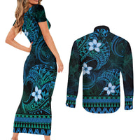 FSM Kosrae State Couples Matching Short Sleeve Bodycon Dress and Long Sleeve Button Shirt Tribal Pattern Ocean Version LT01 - Polynesian Pride
