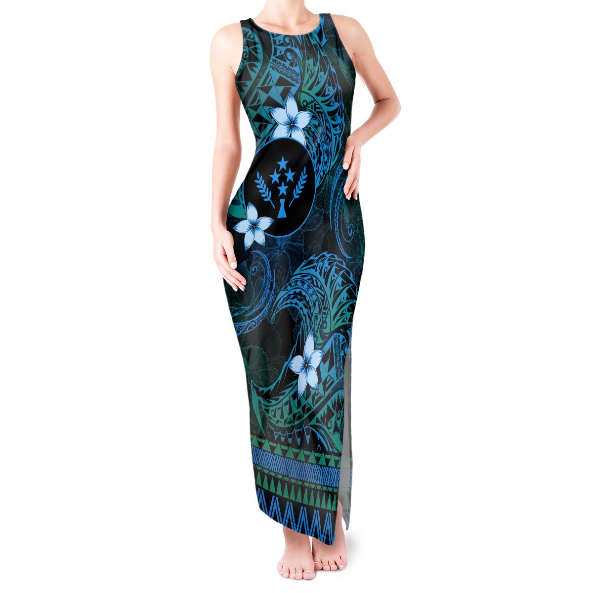 FSM Kosrae State Tank Maxi Dress Tribal Pattern Ocean Version LT01 Women Blue - Polynesian Pride