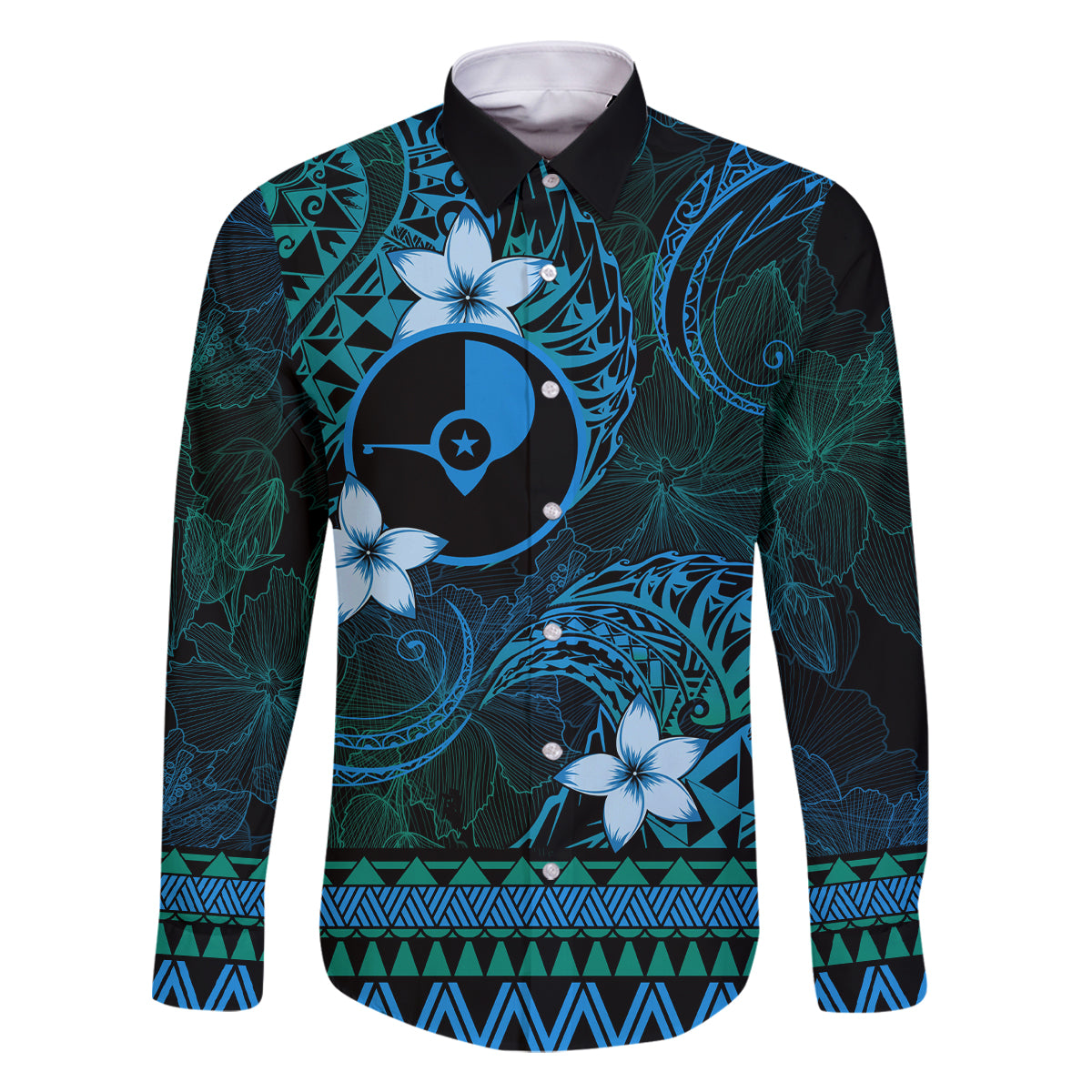 FSM Yap State Family Matching Off Shoulder Maxi Dress and Hawaiian Shirt Tribal Pattern Ocean Version LT01 Dad's Shirt - Long Sleeve Blue - Polynesian Pride