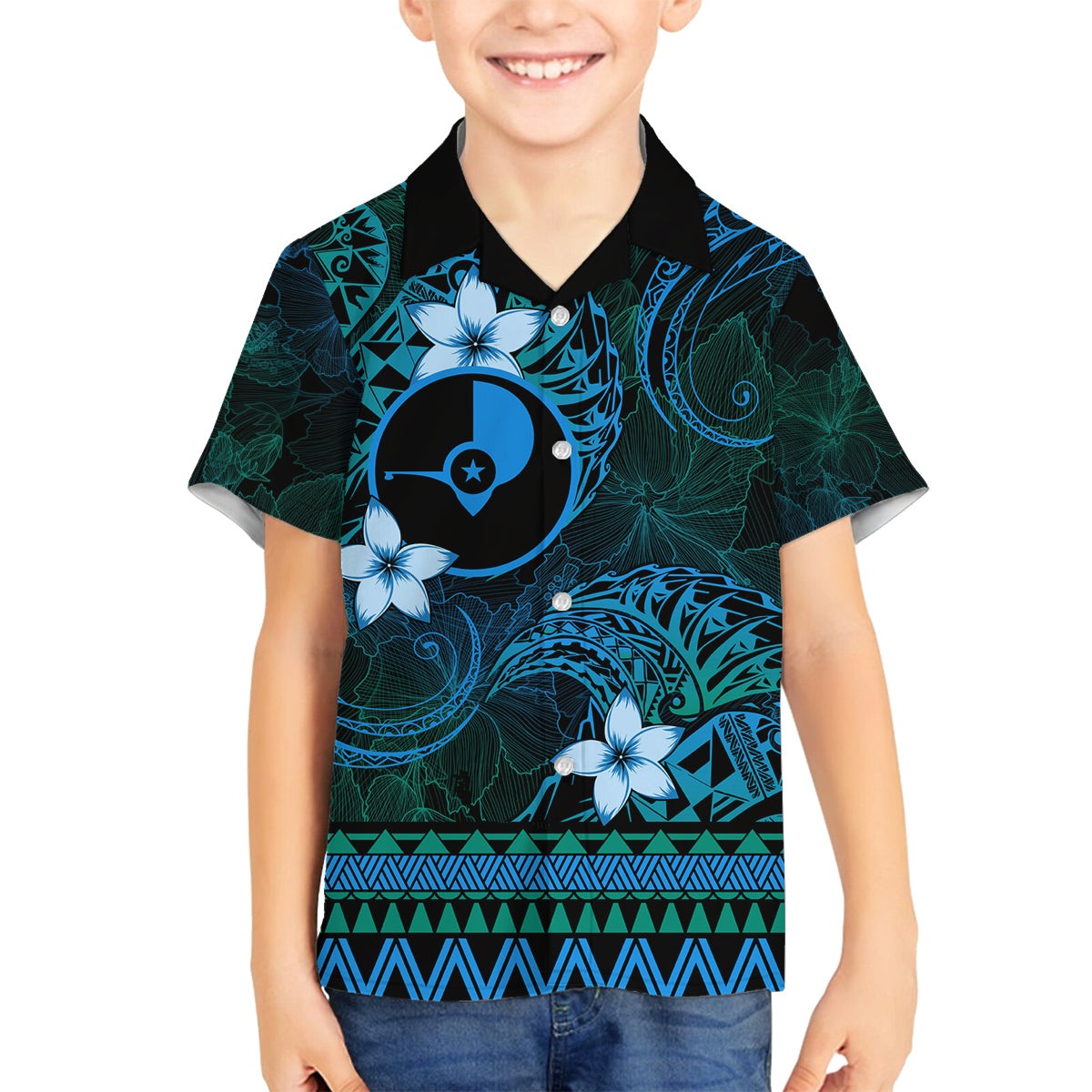 FSM Yap State Family Matching Summer Maxi Dress and Hawaiian Shirt Tribal Pattern Ocean Version LT01 Son's Shirt Blue - Polynesian Pride