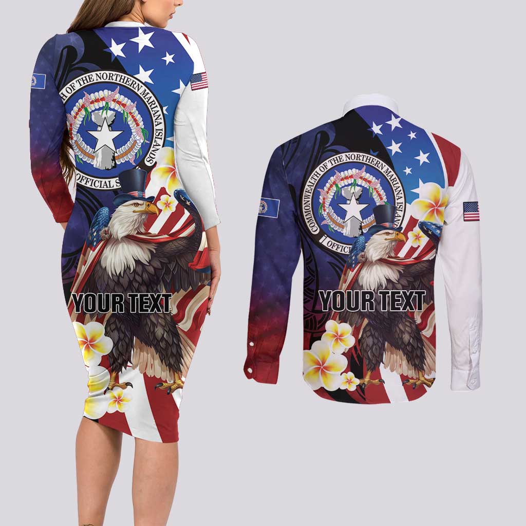 Personalized Northern Mariana Islands 4th of July Couples Matching Long Sleeve Bodycon Dress and Long Sleeve Button Shirt Plumeria USA Eagle LT01 - Polynesian Pride