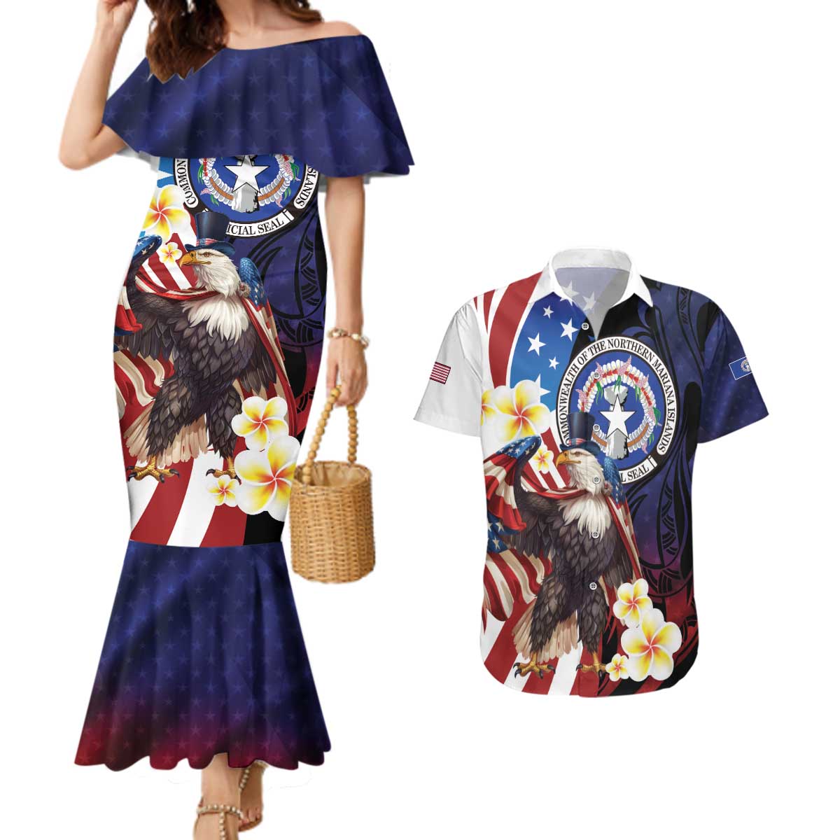 Personalized Northern Mariana Islands 4th of July Couples Matching Mermaid Dress and Hawaiian Shirt Plumeria USA Eagle LT01 Multicolor - Polynesian Pride