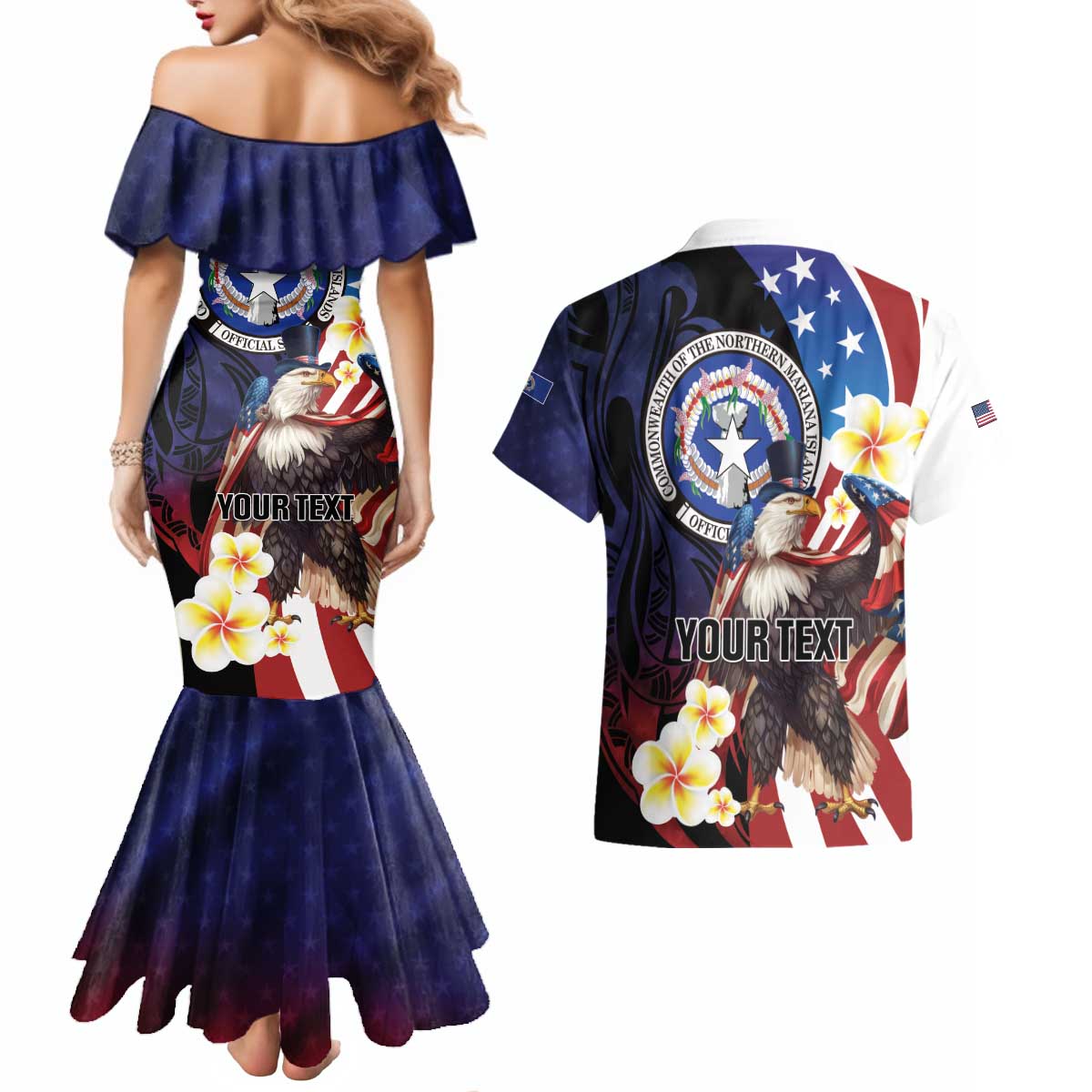 Personalized Northern Mariana Islands 4th of July Couples Matching Mermaid Dress and Hawaiian Shirt Plumeria USA Eagle LT01 - Polynesian Pride