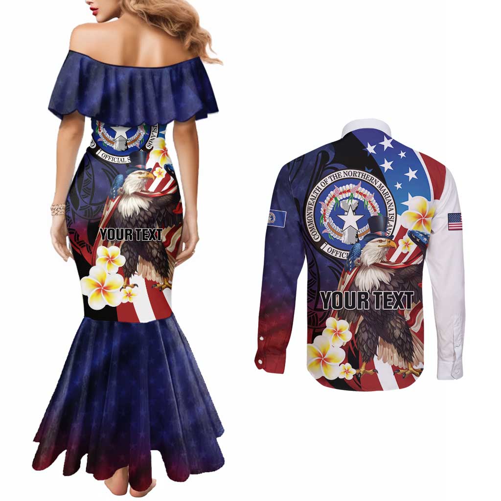 Personalized Northern Mariana Islands 4th of July Couples Matching Mermaid Dress and Long Sleeve Button Shirt Plumeria USA Eagle LT01 - Polynesian Pride