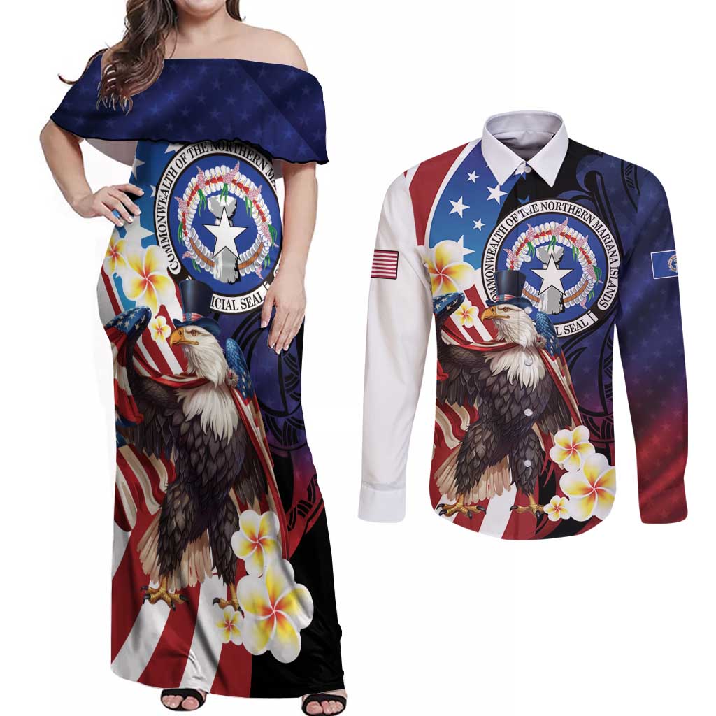 Personalized Northern Mariana Islands 4th of July Couples Matching Off Shoulder Maxi Dress and Long Sleeve Button Shirt Plumeria USA Eagle LT01 Multicolor - Polynesian Pride