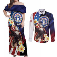 Personalized Northern Mariana Islands 4th of July Couples Matching Off Shoulder Maxi Dress and Long Sleeve Button Shirt Plumeria USA Eagle LT01 Multicolor - Polynesian Pride
