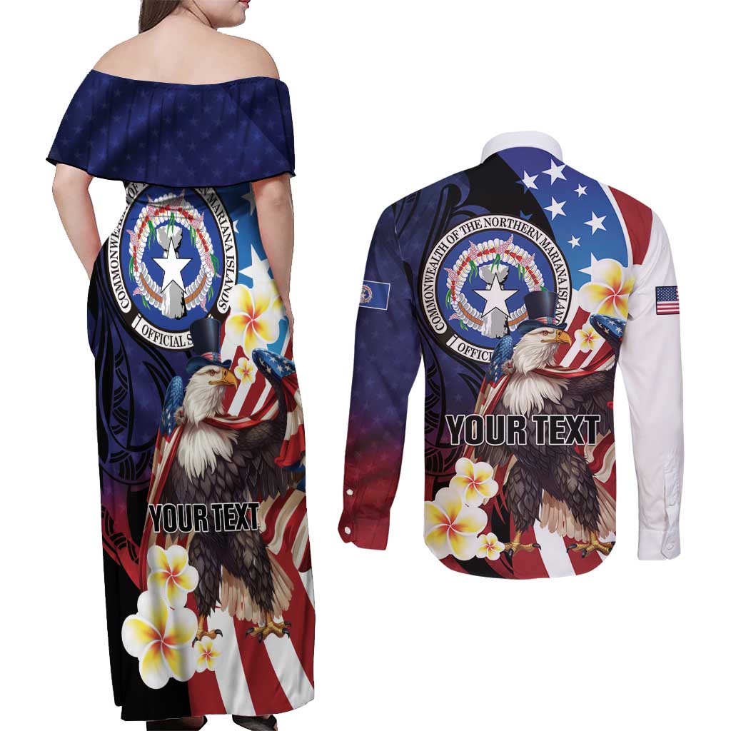 Personalized Northern Mariana Islands 4th of July Couples Matching Off Shoulder Maxi Dress and Long Sleeve Button Shirt Plumeria USA Eagle LT01 - Polynesian Pride