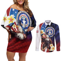 Personalized Northern Mariana Islands 4th of July Couples Matching Off Shoulder Short Dress and Long Sleeve Button Shirt Plumeria USA Eagle LT01 Multicolor - Polynesian Pride