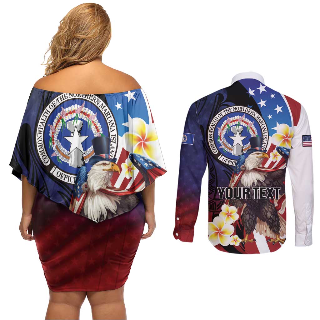 Personalized Northern Mariana Islands 4th of July Couples Matching Off Shoulder Short Dress and Long Sleeve Button Shirt Plumeria USA Eagle LT01 - Polynesian Pride