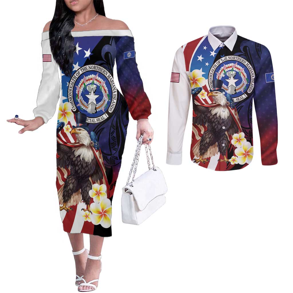 Personalized Northern Mariana Islands 4th of July Couples Matching Off The Shoulder Long Sleeve Dress and Long Sleeve Button Shirt Plumeria USA Eagle LT01 Multicolor - Polynesian Pride