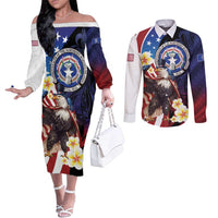 Personalized Northern Mariana Islands 4th of July Couples Matching Off The Shoulder Long Sleeve Dress and Long Sleeve Button Shirt Plumeria USA Eagle LT01 Multicolor - Polynesian Pride