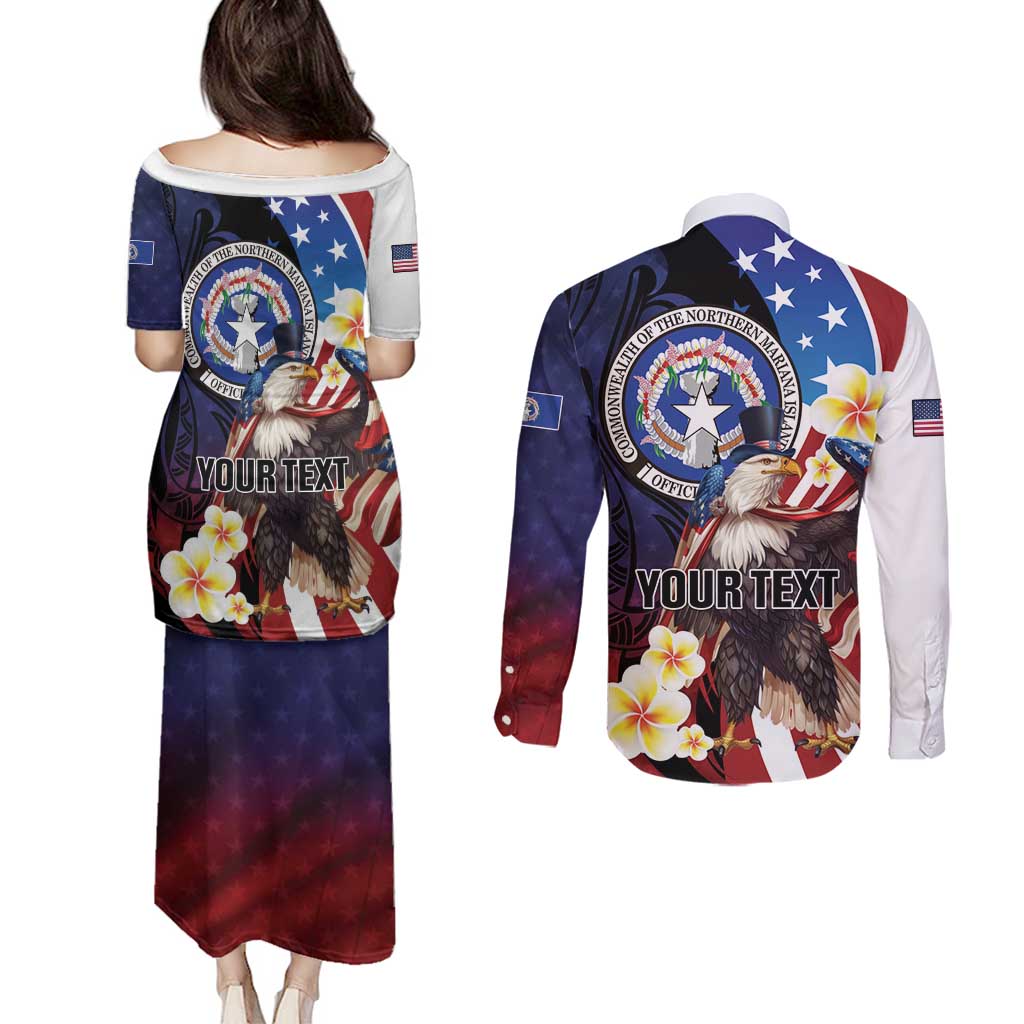 Personalized Northern Mariana Islands 4th of July Couples Matching Puletasi and Long Sleeve Button Shirt Plumeria USA Eagle LT01 - Polynesian Pride