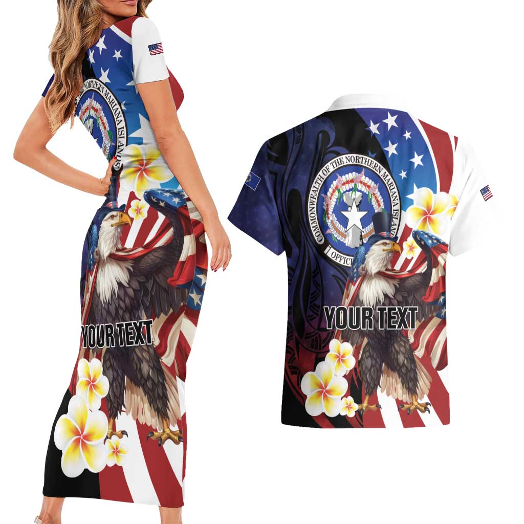 Personalized Northern Mariana Islands 4th of July Couples Matching Short Sleeve Bodycon Dress and Hawaiian Shirt Plumeria USA Eagle LT01 - Polynesian Pride